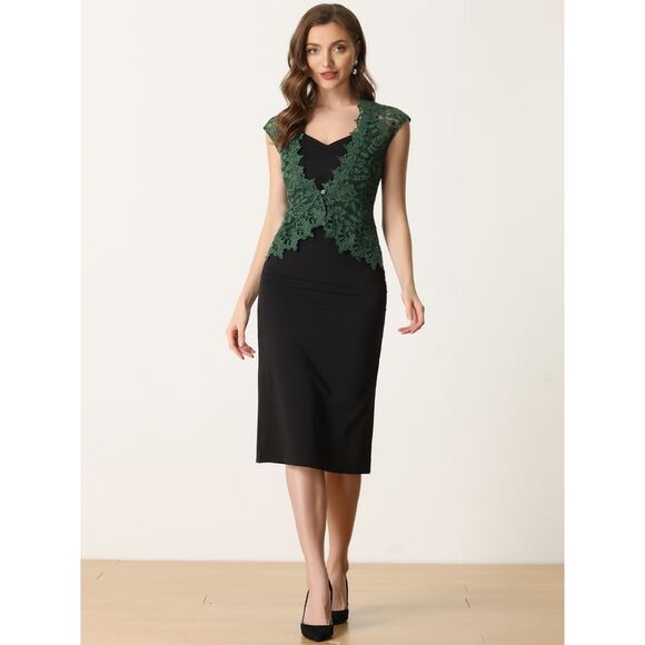 Floral Lace Shrug Wedding Guest Cap Sleeve Sheer Bolero Cardigan Dark Green - Picture 4 of 6